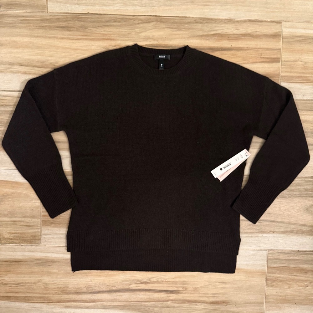 AQUA Cashmere Crewneck Sweater Dark Brown 100% Cashmere V11242 Womens Large NWT